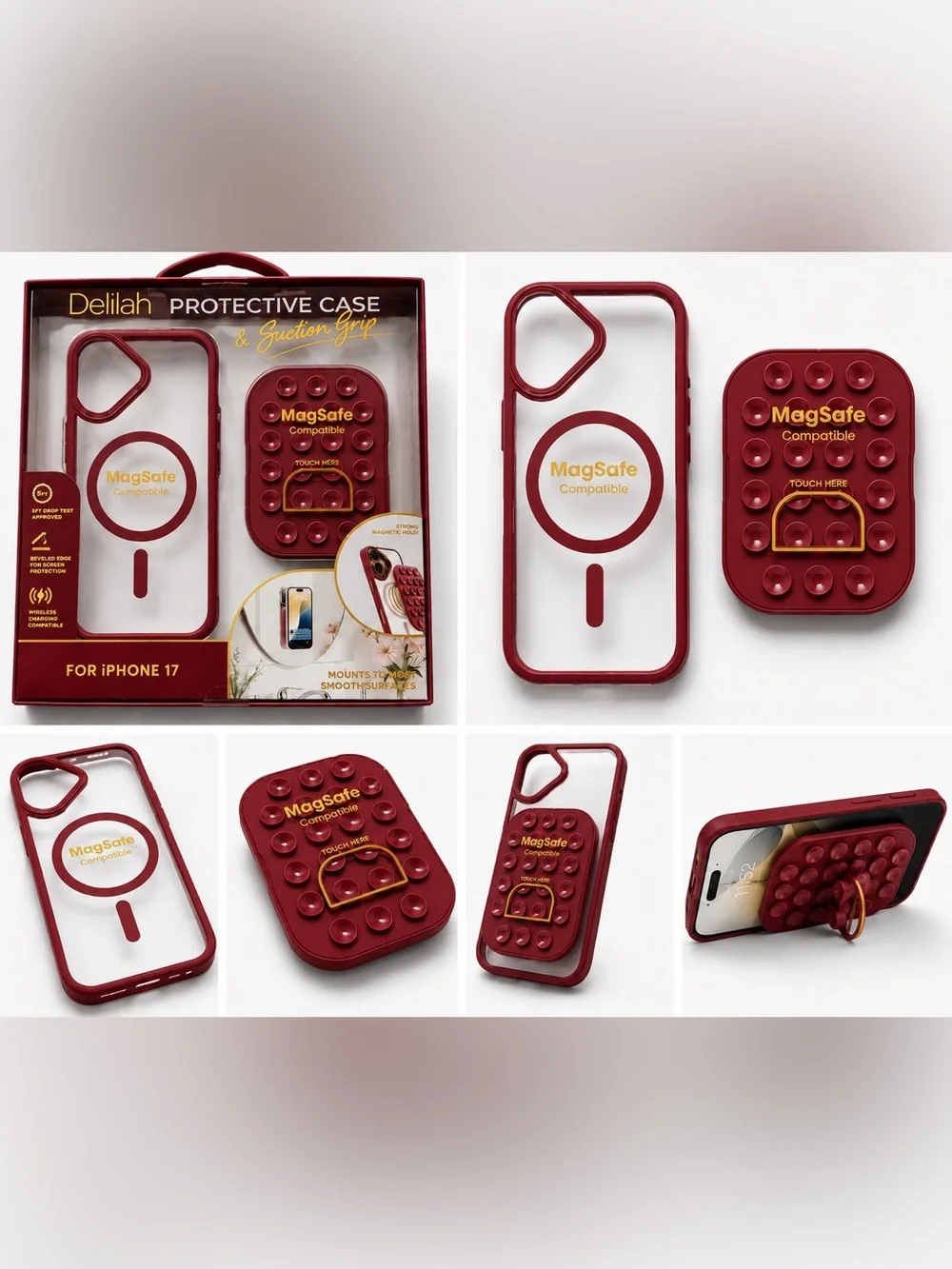 Compatible Protective Suction Grip Phone Case - Red